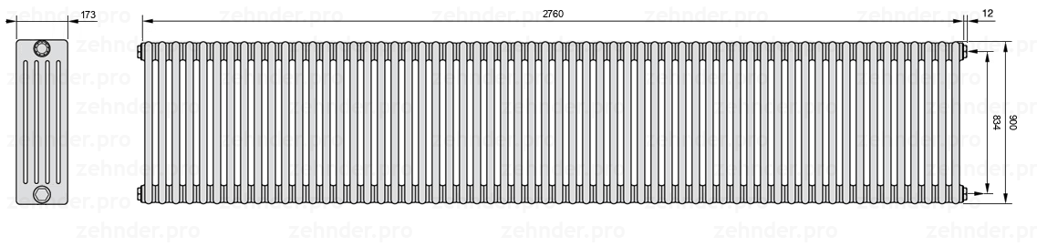 Схема (чертеж) Радиатор Zehnder Charleston 5090/60 №7610 Белый глянцевый RAL 9016